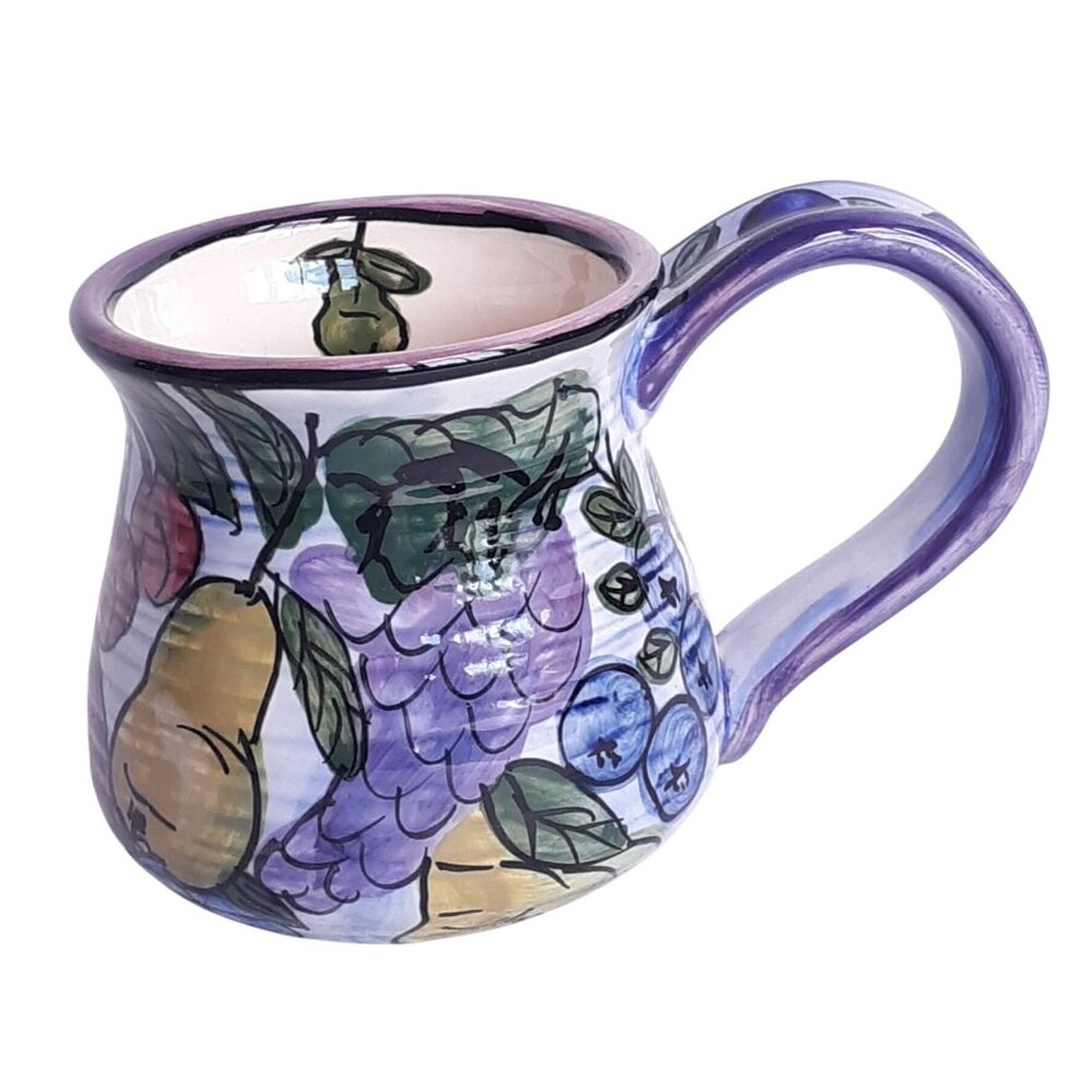 Handpainted Ceramic Fruit Design Coffee Mug With Purple Grapes Pears And Blueber